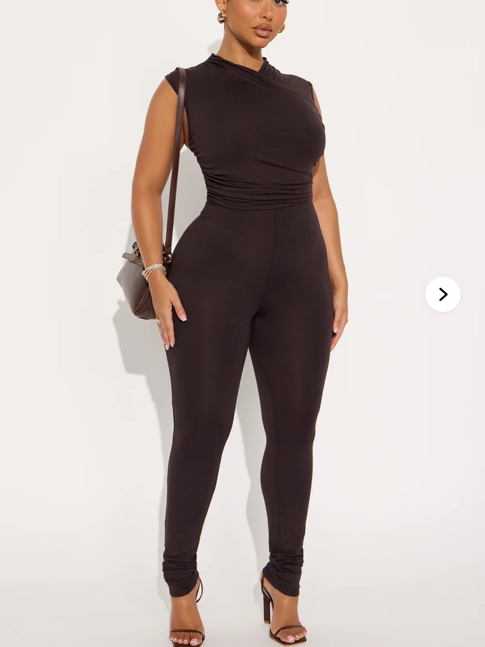 Fashion Nova Sleeveless Ruched Waist Jumpsuit in Dark Brown